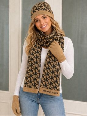 Michael Kors Tan & Black Logo Knit Scarf, Hat & Gloves Set